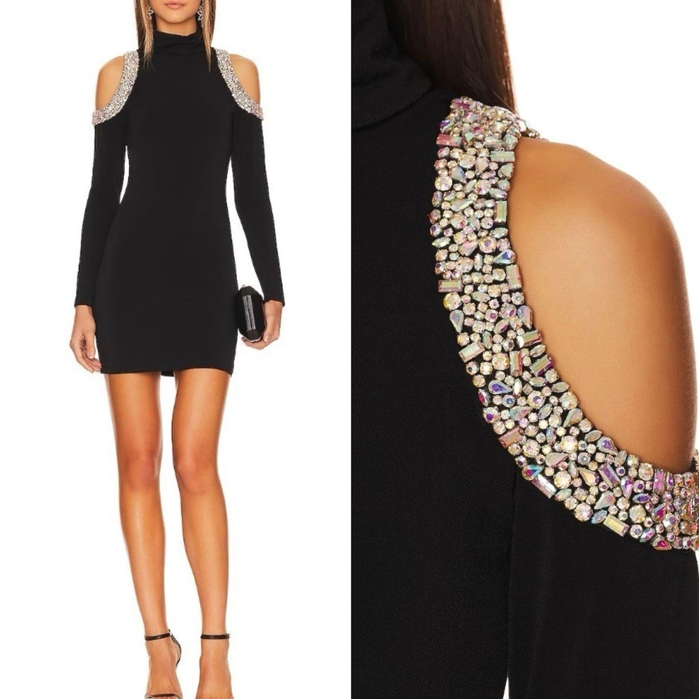 Alice + Olivia Delora Embellished Shoulder Cutout Turtle Neck Mini Black Dress 2